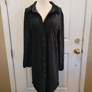 House Of Harlow 1960 Shirt Dress Black Velour Silver Striped Medium Victorian